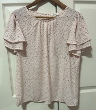 PLEIONE Women’s Pink Floral Blouse Top Flutter Sleeves NWOT Size M