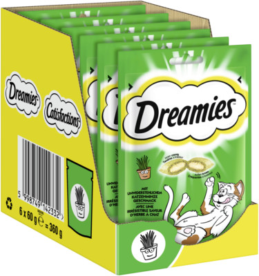 DREAMIES Katzensnacks Catnip Katzenminze knusprige Taschen zarte Füllung 6x60g