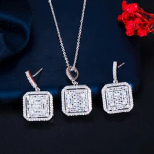 Lovely Square Drop Dangle CZ Earring Pendant Necklace Set Female Costume Jewelry