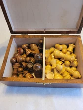 Chess Pieces Wooden Carved Classic Game Collectible Felt Bottom w/ Wood Box