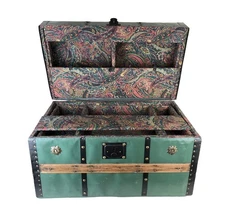 Dome-Top Metal & Wood-Bound Blanket Trunk Chest Padded Inside w/ Removable Tray