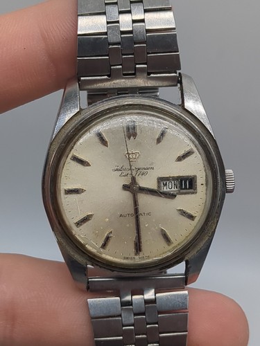 Orologio Uomo Automatico JULES JURGENSEN President Quadrante Argento Giorno/Data Funzionante! - Foto 2 di 5