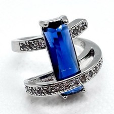 Unique Sterling Silver 925 Large Baguette Blue Sapphire Ring Size 6