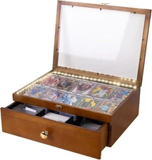 Graded Trading Card Display Case LED 80+ PSA Slabs CGC Toploader Wood Drawer Box