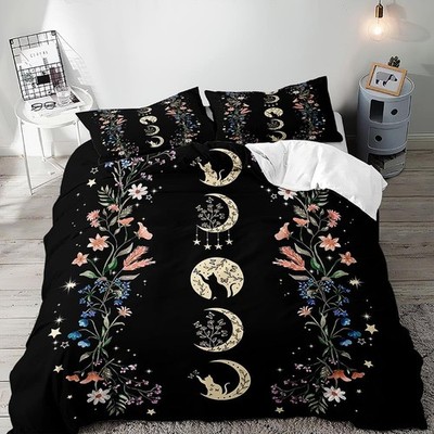 LUVIVIHOME 3PCS Black Cat Moon Phase Duvet Cover Queen Bedding Sets, Boho Aes...