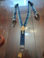 Vintage Trafalgar Grey Green Navy Blue Stripe Leather Button Suspenders Braces