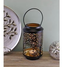 18cm Indoor Outdoor Black Metal Tree Of Life Hanging Tea Light Candle Lantern