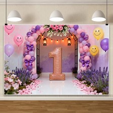 Kids Purple Balloon Baby Shower One 1st Birthday Backdrop Photo Background Decor