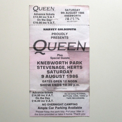 Queen Knebworth Ticket + Seller Stub 1986 Final Freddie Mercury Concert - G+