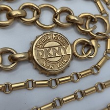 Vtg 80s Donna Karan DKNY Chain Link Bottle Cap Necklace Waist Belt 54" Goldtone