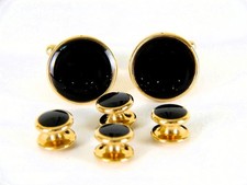 Vintage Gold Tone Black Onyx Tuxedo Stud Large Cufflink Set