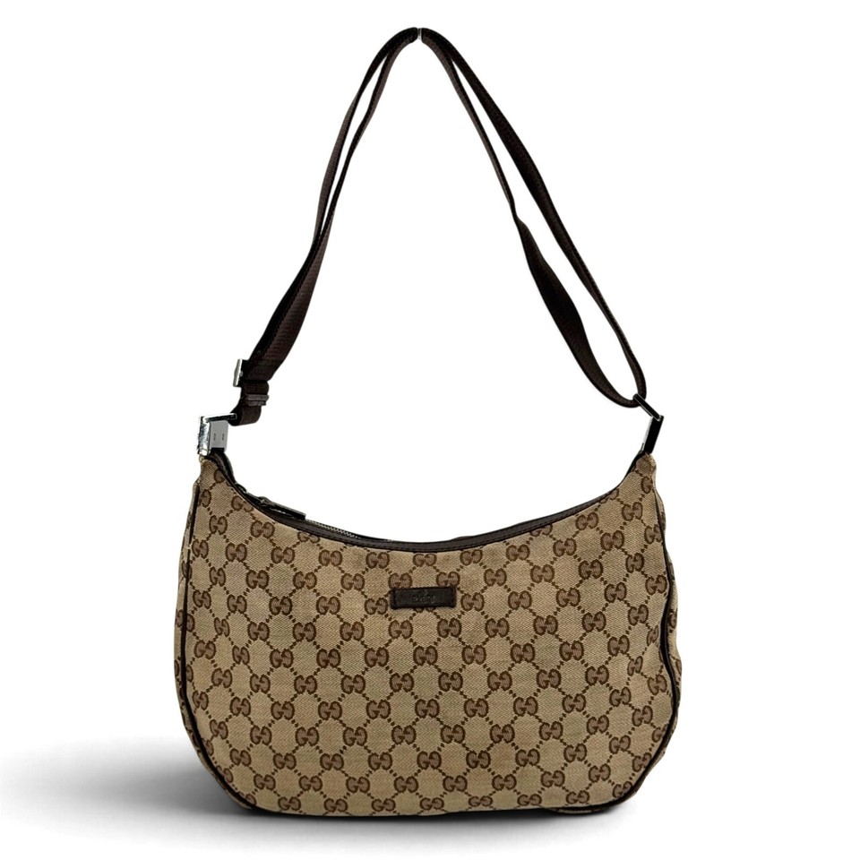 GUCCI GG Eclipse Canvas Shoulder Bag Beige Brown Half Moon Hobo Purse 122790