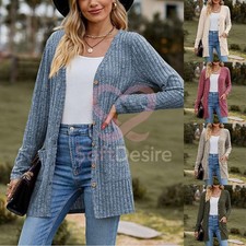 Women Cardigan Sweater Jumper Tops Coat Casual Button V Neck Knit Medium Long
