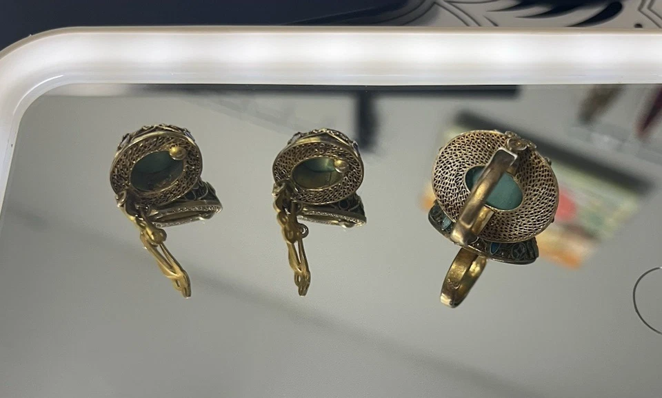 中国古董纯银珐琅天然浅蓝色绿松石耳环戒指 — 第 3/3 张图片