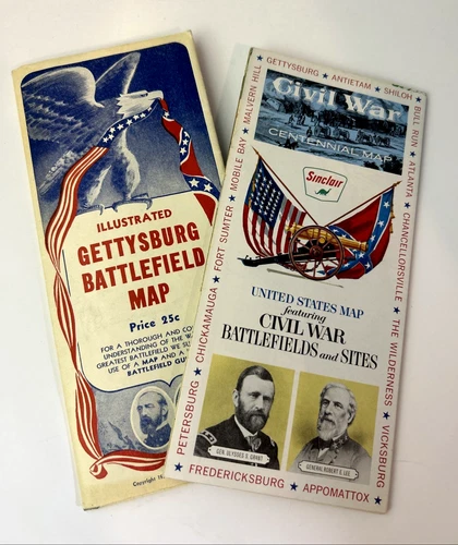 Lot of 2 Civil War Maps – Sinclair Oil 1961-65 + Gettysburg Battlefield 1954