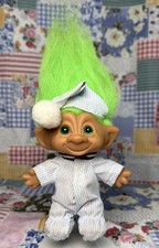 Vintage Ace Novelty Treasure Troll Doll Green Hair Pajamas Wish Stone Jewel 5"