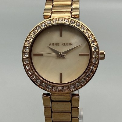 Anne Klein Womens Watch 34mm Champagne Dial Gold Tone Crystals New Battery 7.75''