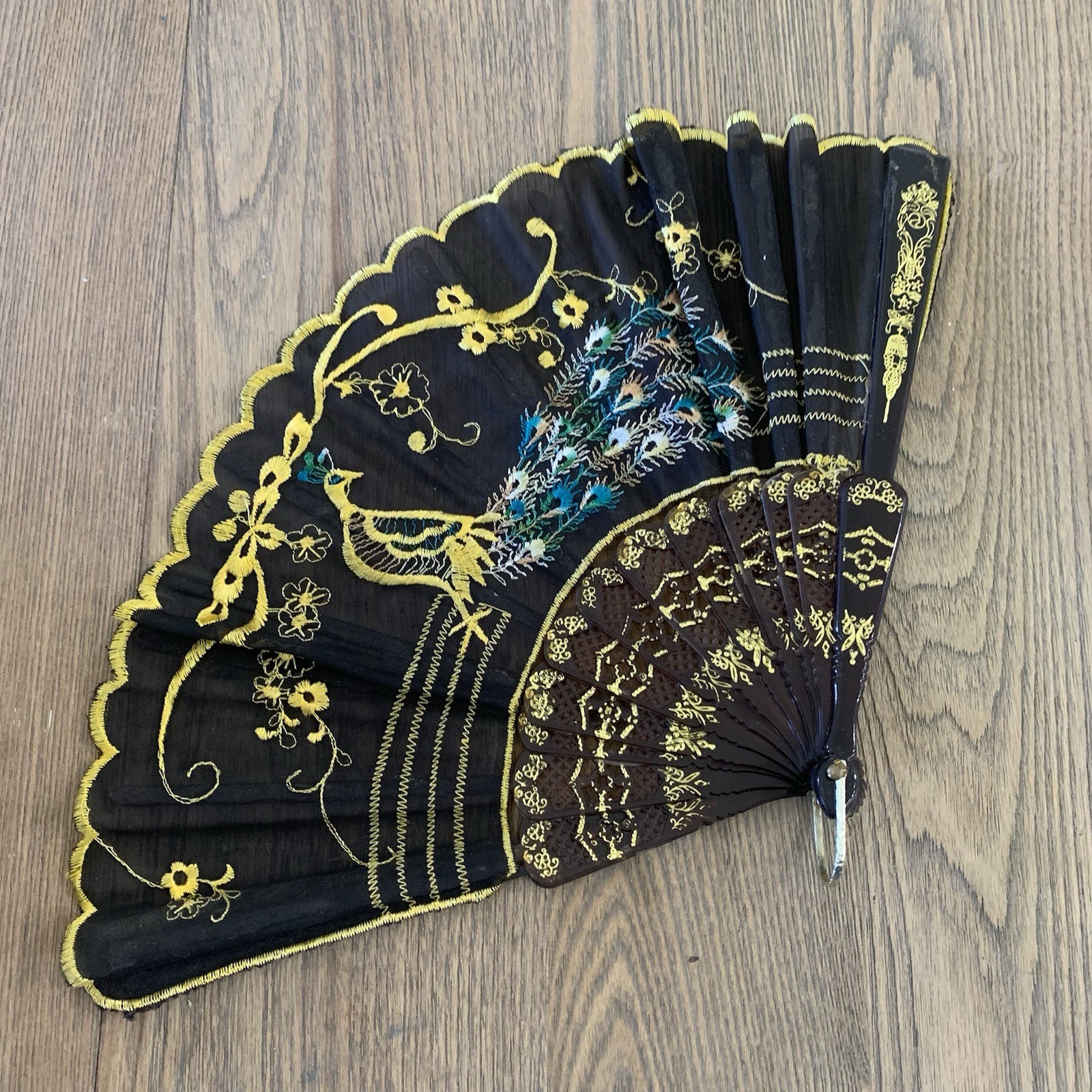 Vintage Lucite Peacock Hand Fan Sheer Black Fabric Embroidered Feather Design