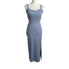 HALARA Womens Ruched Lace Up Bodycon Midi Dress Sz Medium Blue Backless Casual