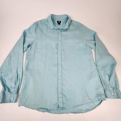 H&M Men's Linen Blend Button Up Shirt Aqua Blue Long Sleeve Size Large