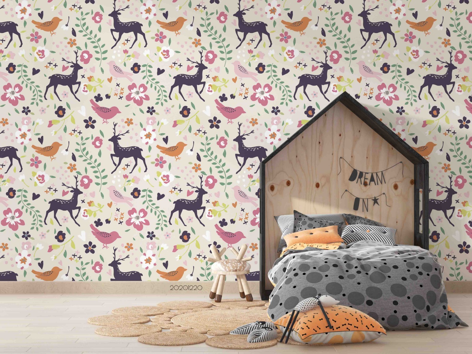 3D Deer Bird Flower Pattern Wall Murals Wallpaper Murals Wall Sticker