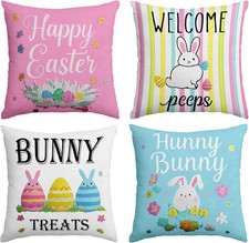 Easter Pillow Covers 18 x 18 Inch,Easter Decorations for Home,Set of 4 Happy Eas