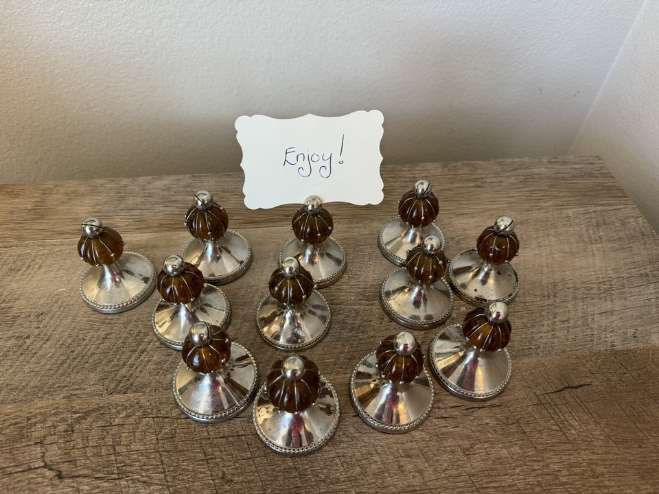 Set Of 12 Pottery Barn Silver & Amber Glass Place Name Card Holders eBay