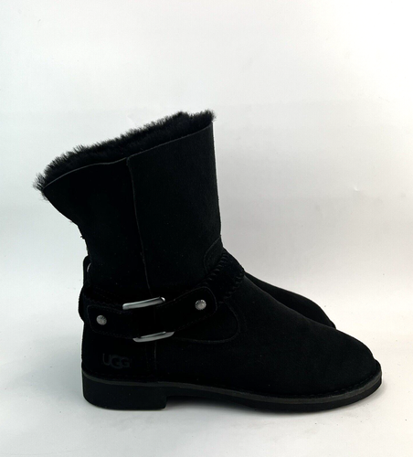 UGG Womens Cedric Biker Boots Black Suede Sheepskin UK 8.5 - Picture 2 of 9