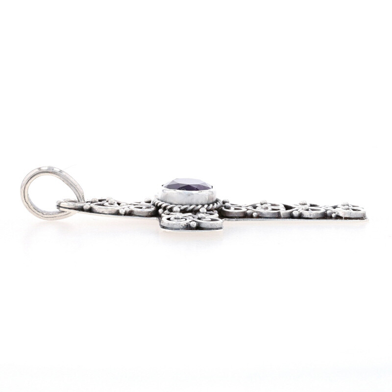 Sterling Silver Amethyst Scrollwork Cross Pendant… - image 2