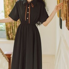 Lady Chiffon Dress Short Sleeve A-Line High Elastic Waist Preppy Style Dress