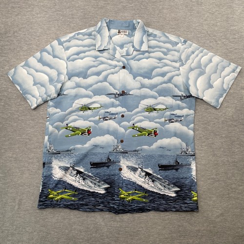 Aloha Republic Hawaiian Shirt Men XL Military Sharkmouth Plane Aircraft Carrier - Picture 1 of 12