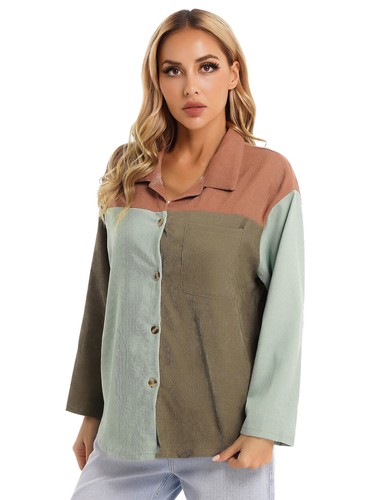 Womens Casual Color Block Long Sleeve Button Turn-Down Collar Shirts Blouse Tops - Picture 46 of 78