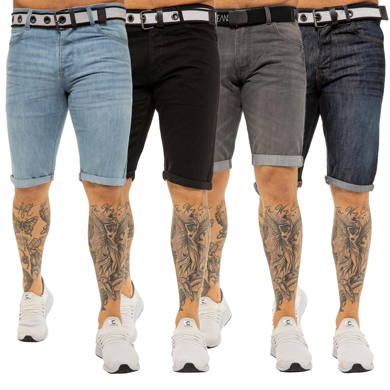 Mens Denim Shorts Slim Fit Casual Cotton Summer Beach Half Pants Jeans Free Belt
