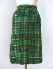 Vtg 60s green yellow plaid tweedy straight pencil skirt secretary 23 in. waist