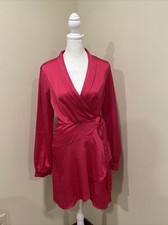 boohoo womens dresses Skater Dress Hot Pink Sz 10 Long Sleeve Wrap Dress
