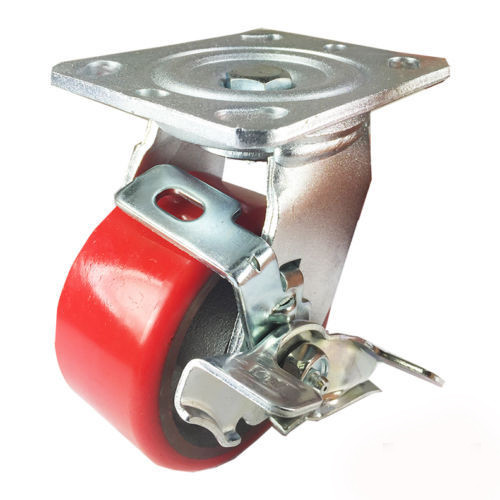 4" x 2" Polyurethane on Cast Iron (Red) - Swivel with Brake - Picture 1 of 5