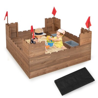 Outdoor Kids Wooden Sandbox Long Bench Gift Kids With Bottom Liner and Red Flags