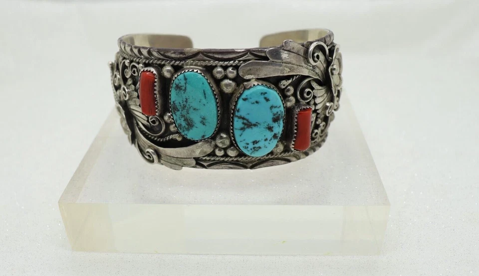 SC .925 Sterling Silver Southwestern Turquoise Coral Heavy Chunky Cuff Bracelet
