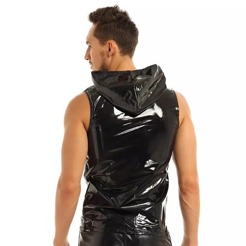 S-7XL Plus Size Mens Shiny PVC Leather Hoodies Shirts Sleeveless Wetlook Latex T - Picture 10 of 17