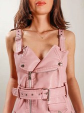 Women's Genuine Lambskin Leather Baby Pink Dress Handmade Belted Winter Fashion