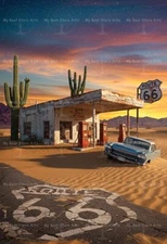 ROUTE 66 DESERT GAS STATION ART PRINT, Vintage American Poster, Road Trip Decor