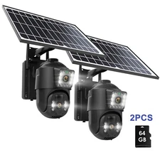 2PCS 4MP Solar Security Camera Wireless Outdoor Dual Lens PTZ 2-Way Audio + 64GB