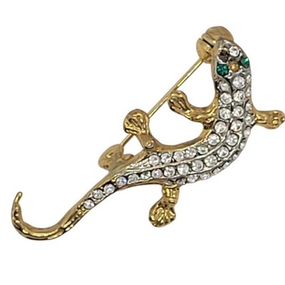 Vintage Gold Tone Rhinestone Lizard Brooch Statement Salamander Pin