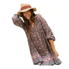 Natural Life Womens Mini Tunic Dress Brown Combo Floral Tasseled Boho Small