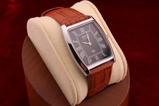 Vintage Men Seiko quartz Barrel-Tank Black Dial Light Brown leather Dress Watch