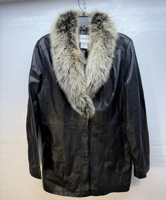 Chadwicks Coat Womens Large Black Leather Fox Fur Collar Lined Overcoat Winter