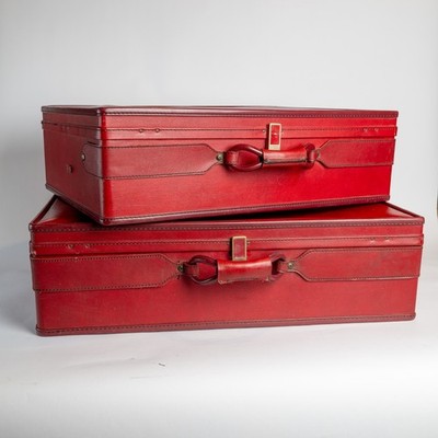 Vintage Hartmann Red Leather Hard Case Suitcase Set (2) Wood Frame Retro Luggage