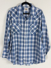 ELY Cattleman Mens XL Blue Plaid Pearl Snap Western Shirt Metallic Stripe VTG