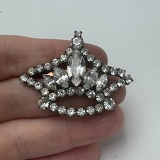 Crown Tiara Brooch Pin Pageant Silver Rhinestone Clear Crystal Marquise Vintage