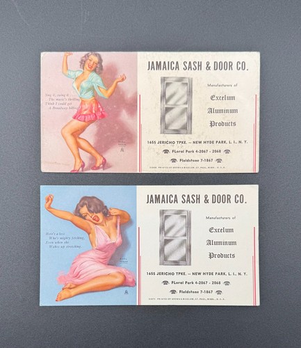 Vintage 1940s Earl Moran Pin-Up Ad Blotter Cards Lot of 2 New Hyde Park NY Ad